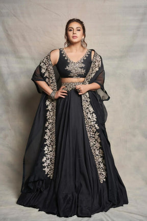 Huma Qureshi - Black Dupion Silk Zardozi Cape Open and Skirt Set