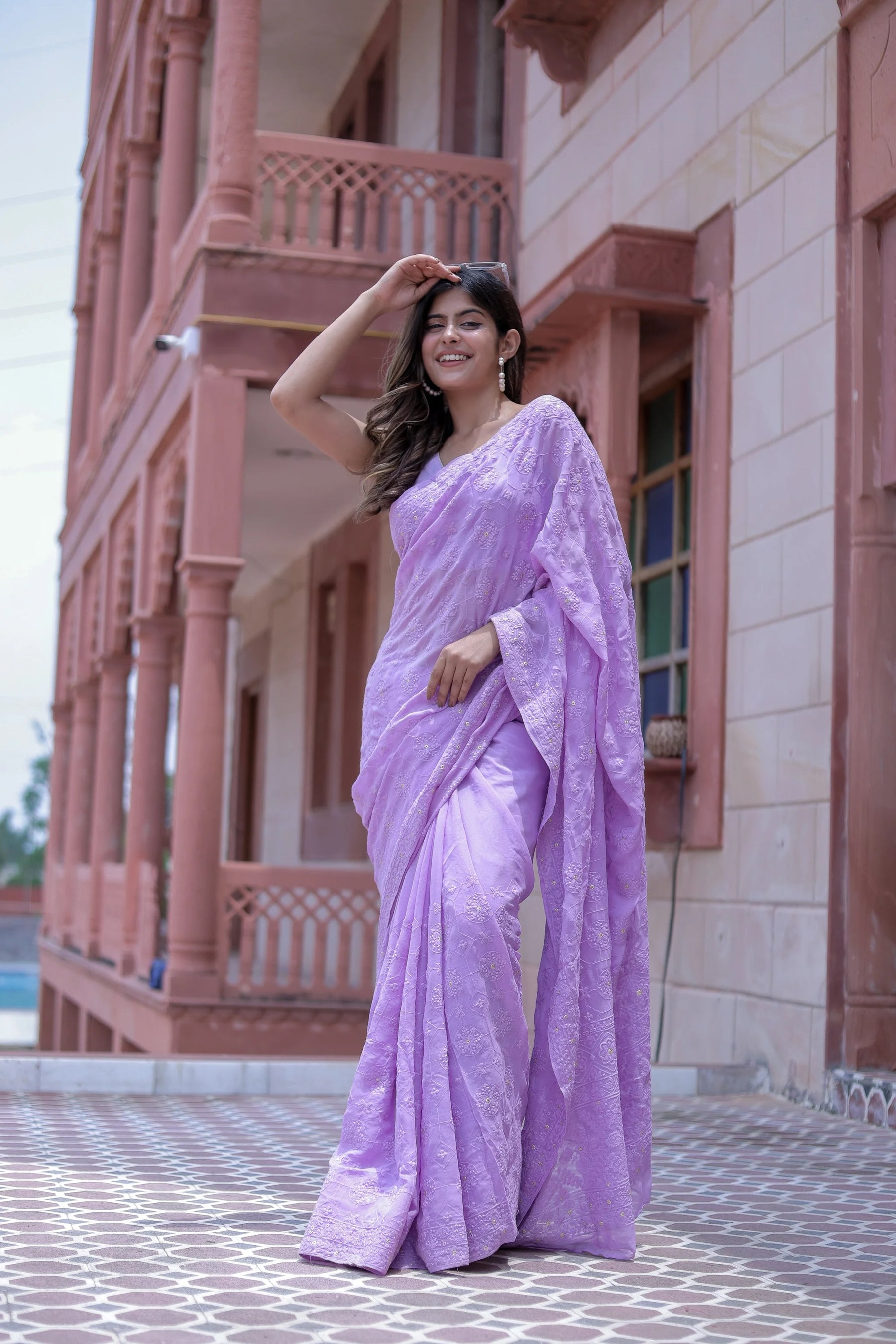 Lavender Pure Viscose Georgette Chikankari Saree