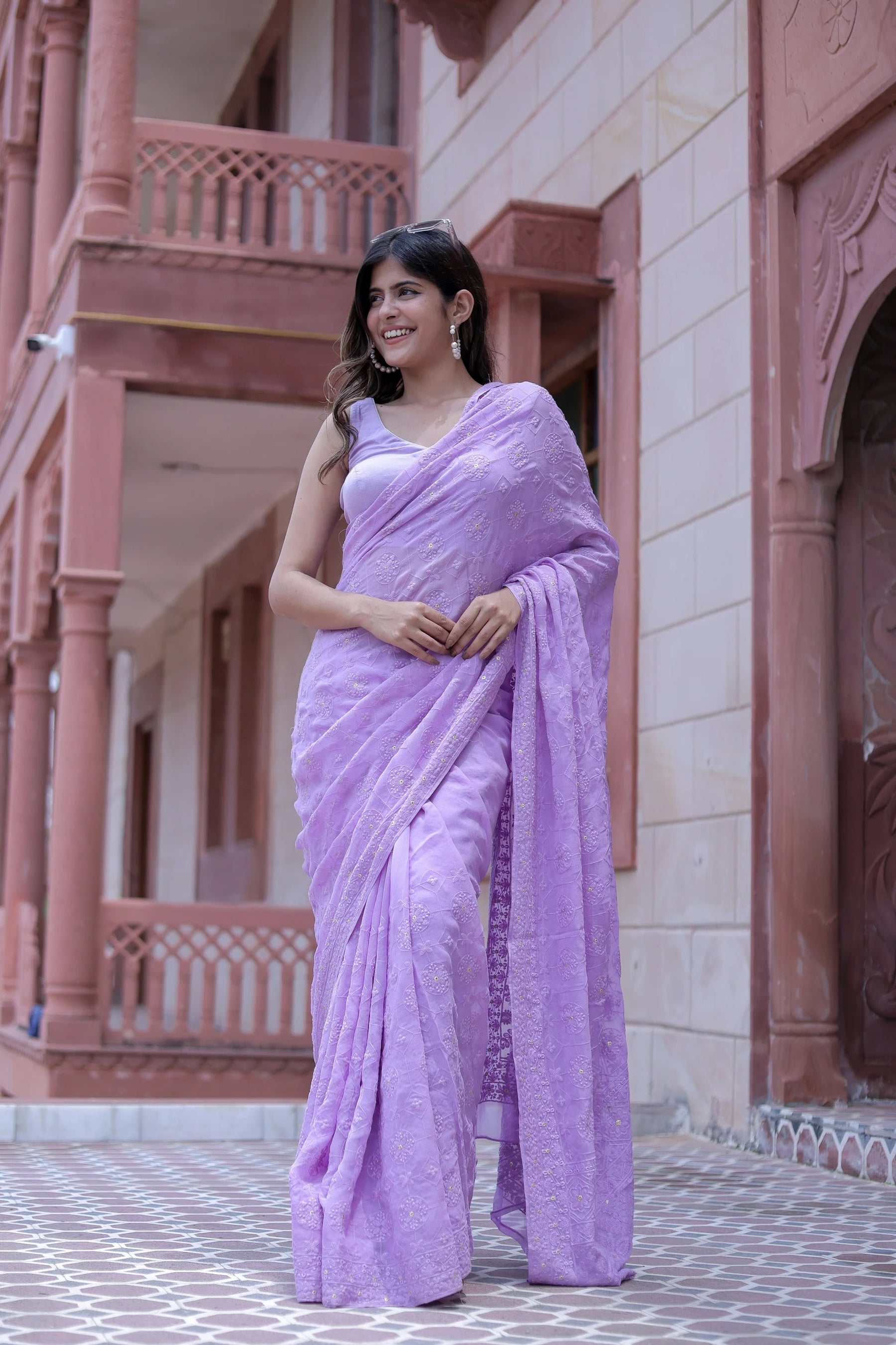 Lavender Pure Viscose Georgette Chikankari Saree