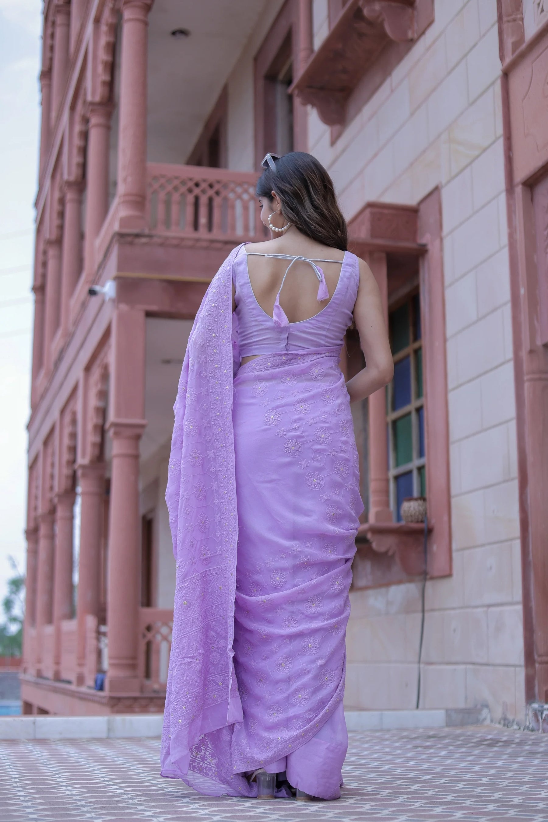 Lavender Pure Viscose Georgette Chikankari Saree