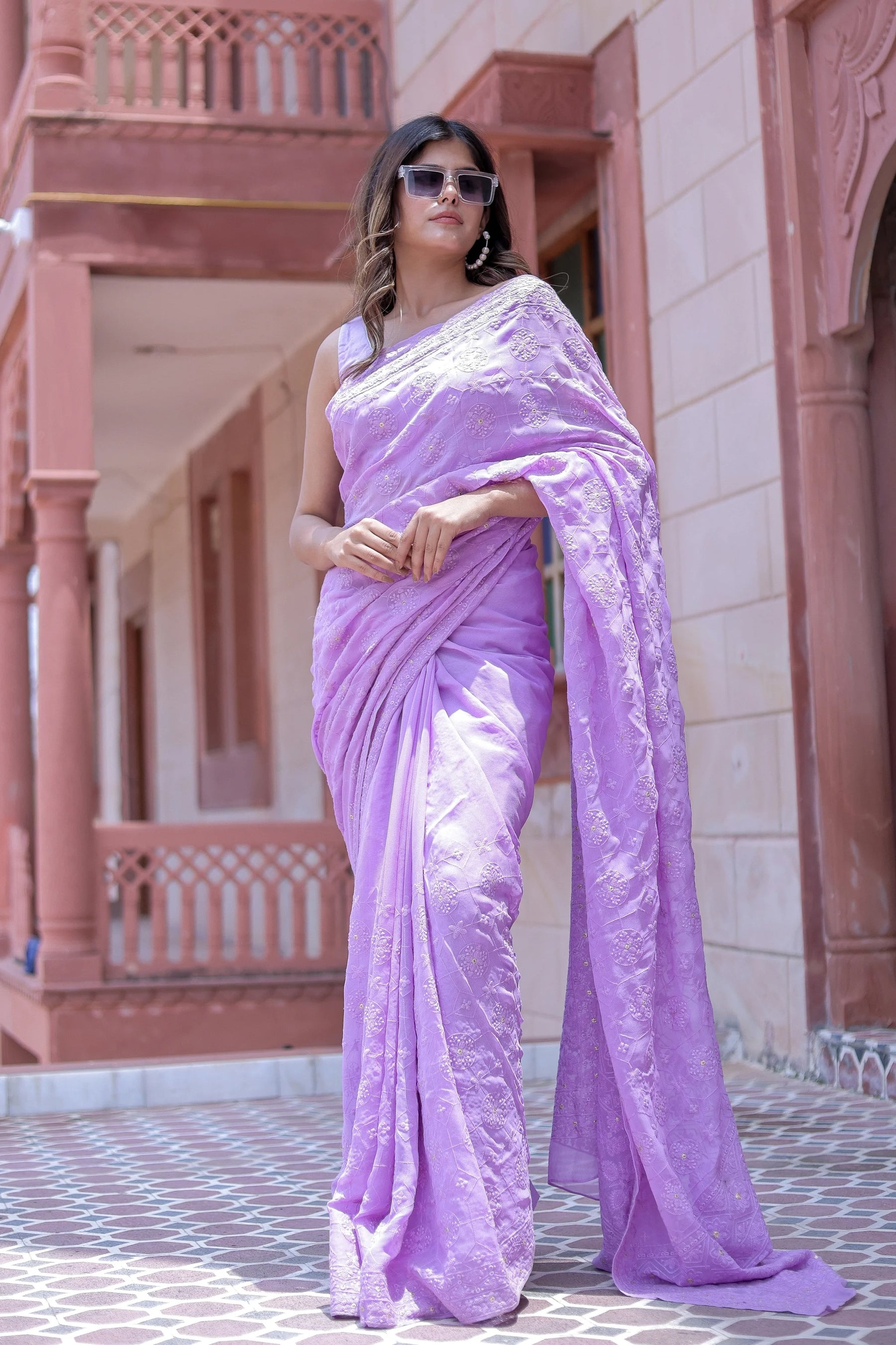 Lavender Pure Viscose Georgette Chikankari Saree