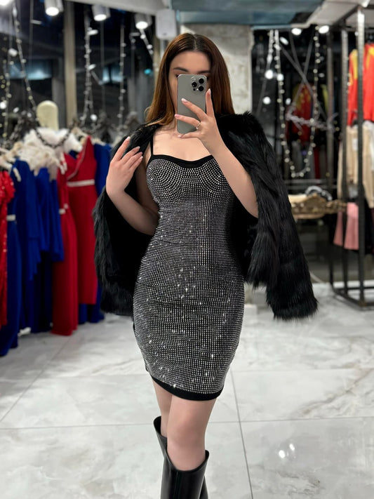 Myron Black Adjustable Strap Dress with Stone Accents