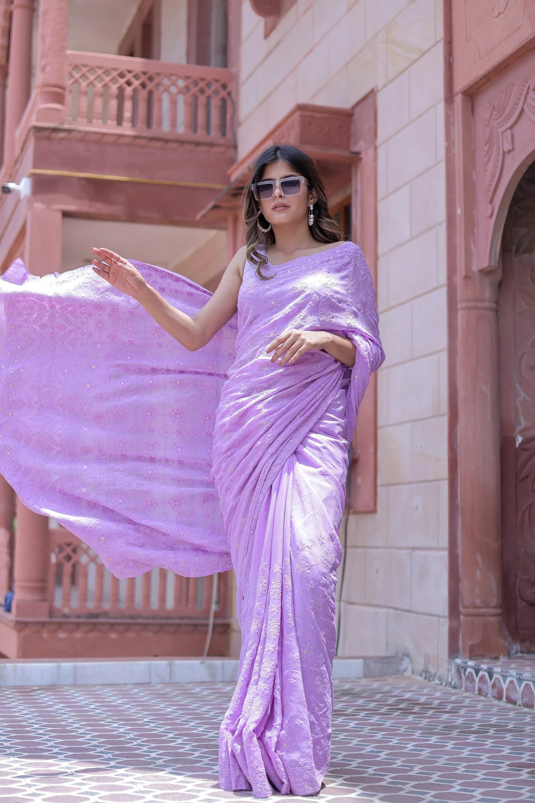 Lavender Pure Viscose Georgette Chikankari Saree