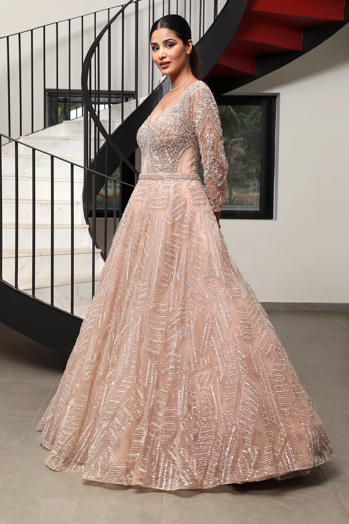 Pastel Peach Stone Embroidered Net Bridal Gown for Your Special Day