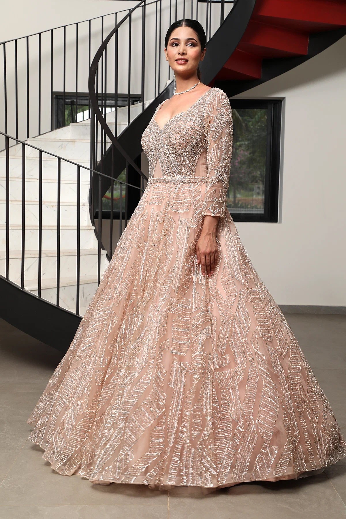 Pastel Peach Stone Embroidered Net Bridal Gown for Your Special Day Pastel Peach Stone Embroidered Net Bridal Gown for Your Special Day