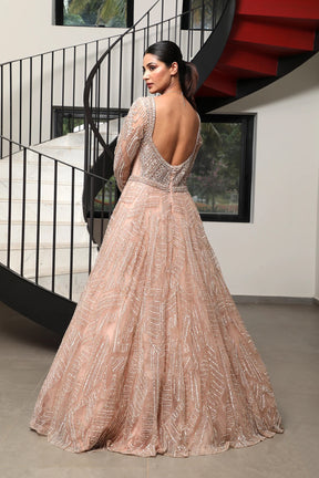 Pastel Peach Stone Embroidered Net Bridal Gown for Your Special Day