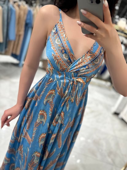 Aliya Blue Rope Strap Patterned Long Satin Dress