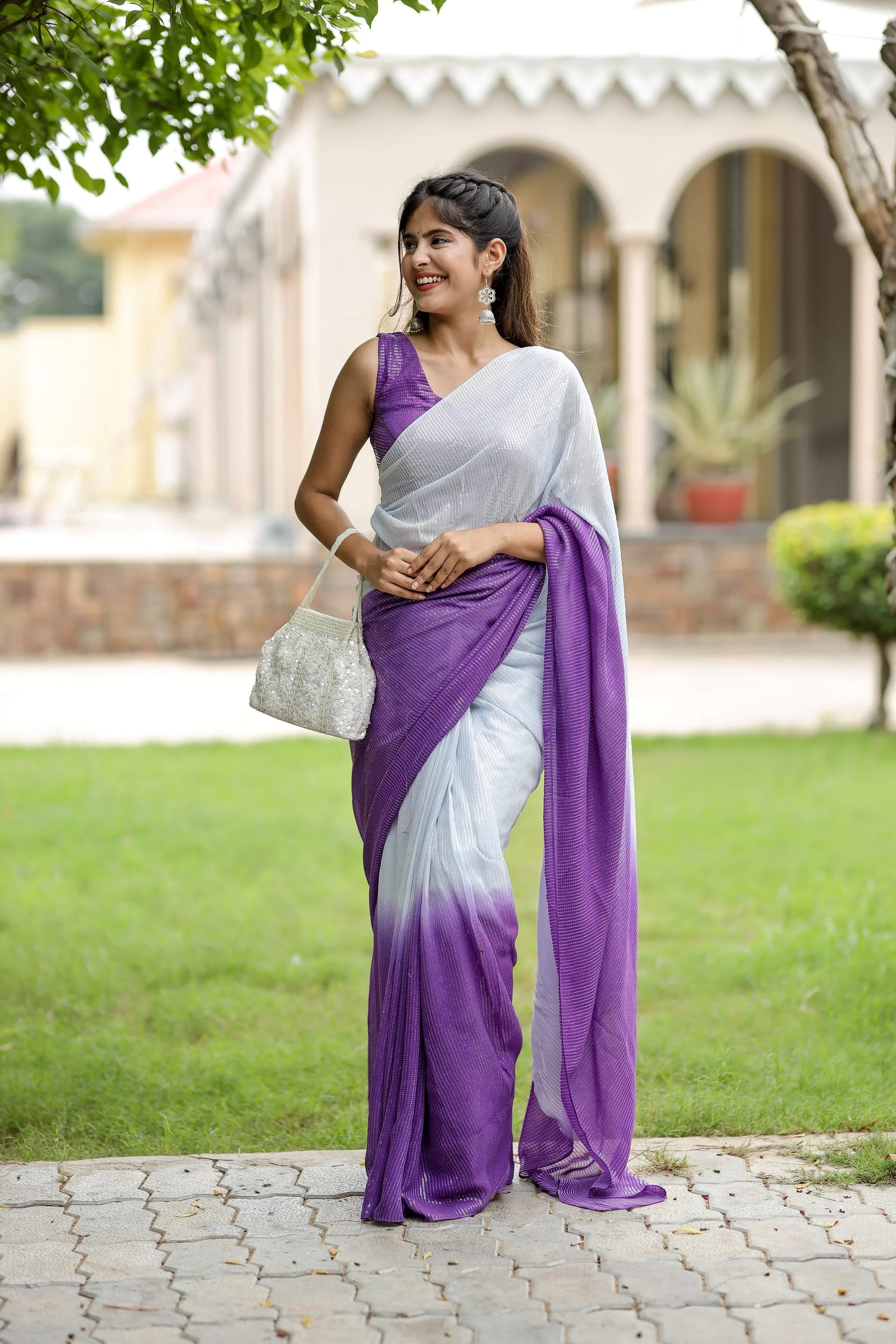 Ombre Georgette Saree with Purple & Grey Sequin Work