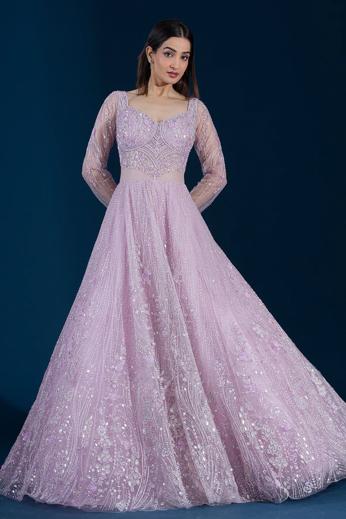 Light Purple Sequins Embroidered Net Reception Gown