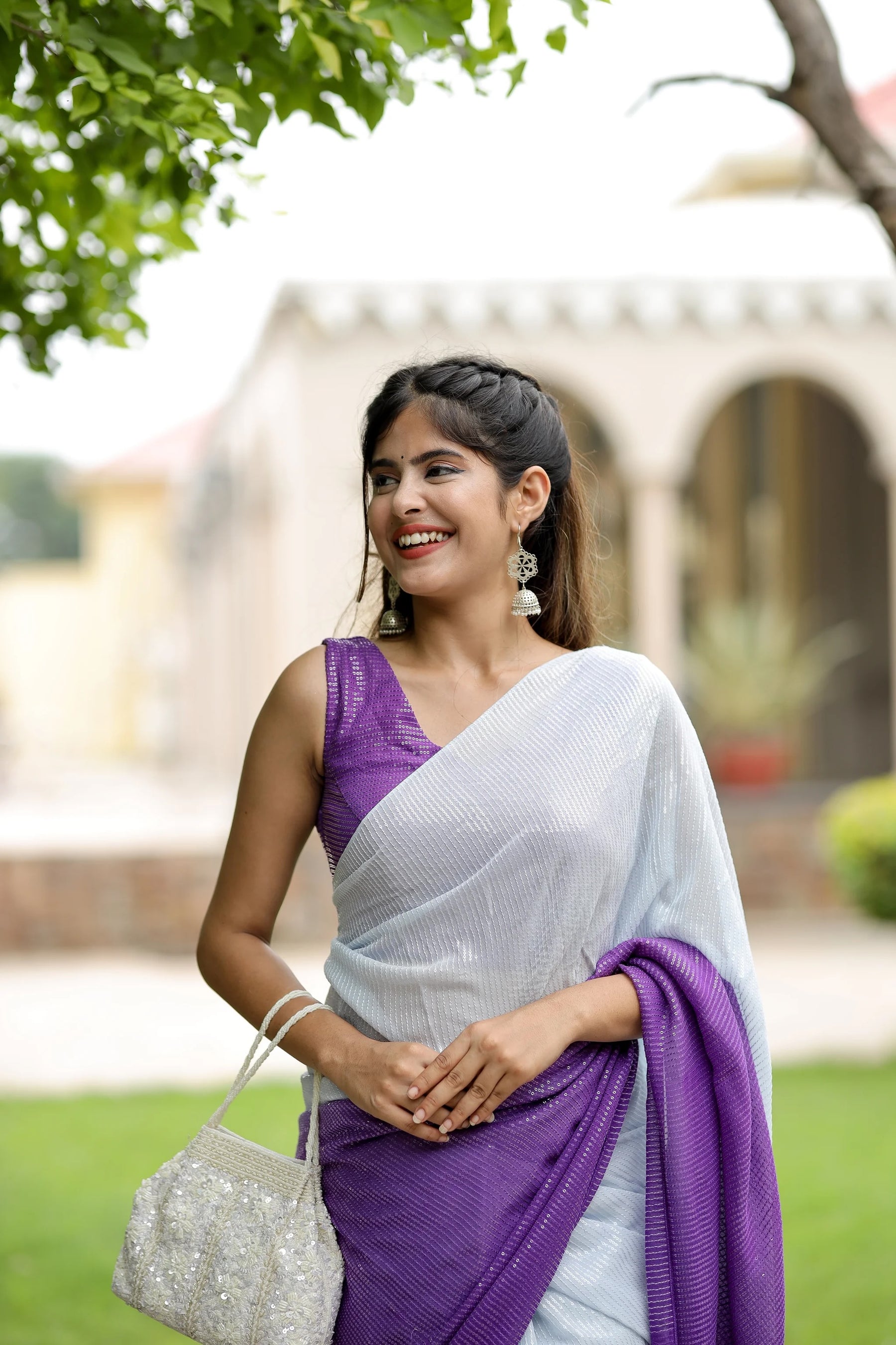 Ombre Georgette Saree with Purple & Grey Sequin Work