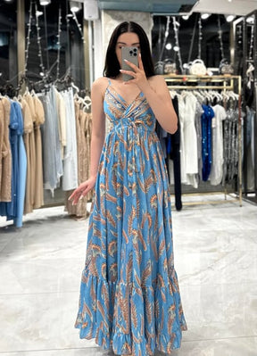 Aliya Blue Rope Strap Patterned Long Satin Dress