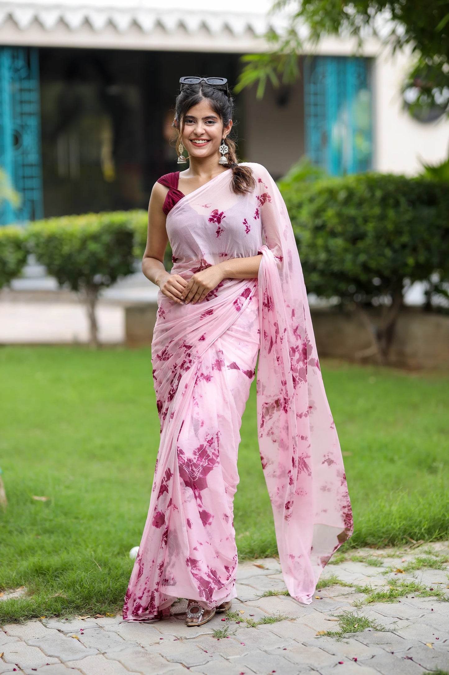 Traditional  Shibori Pink Chiffon Saree