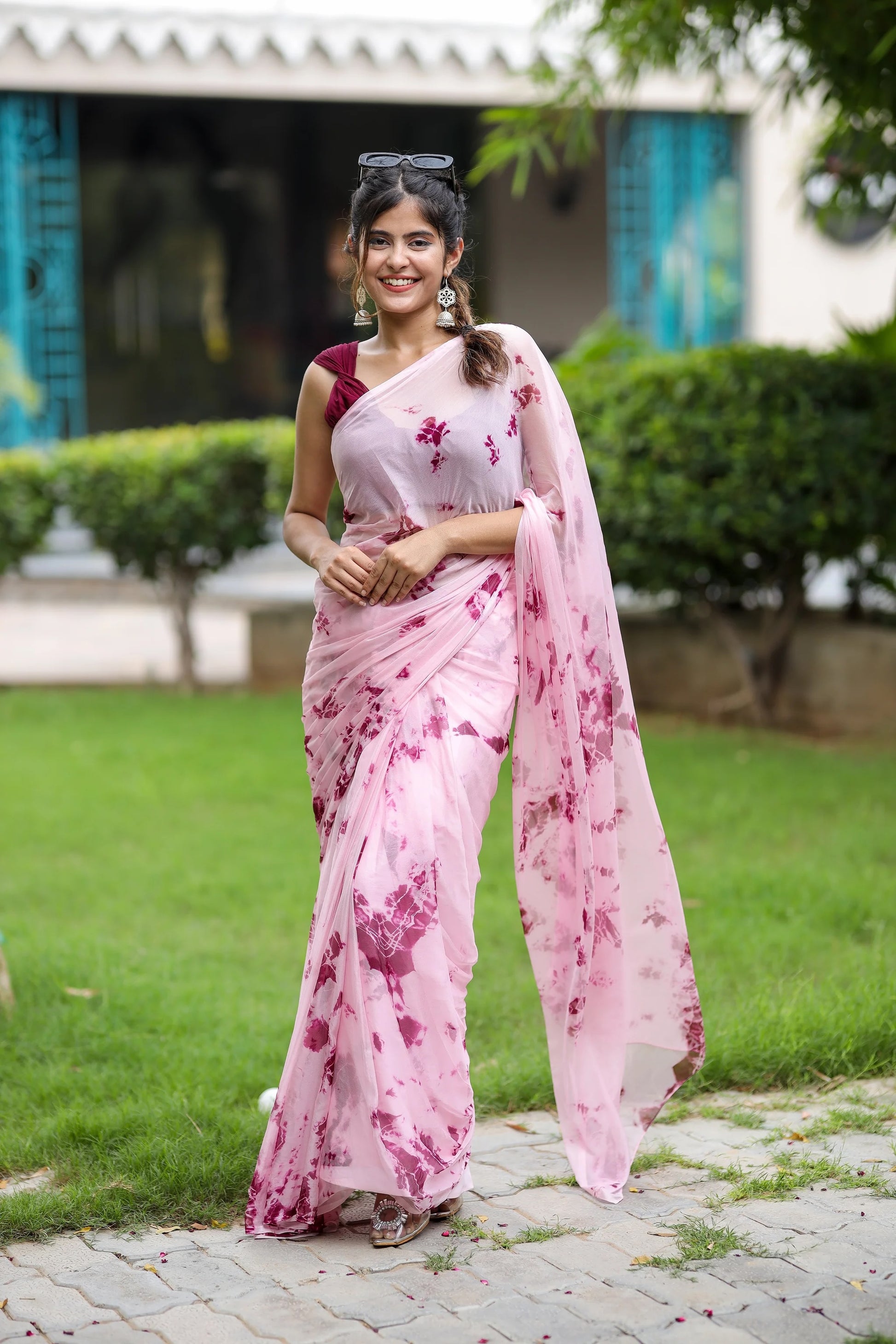 Traditional  Shibori Pink Chiffon Saree