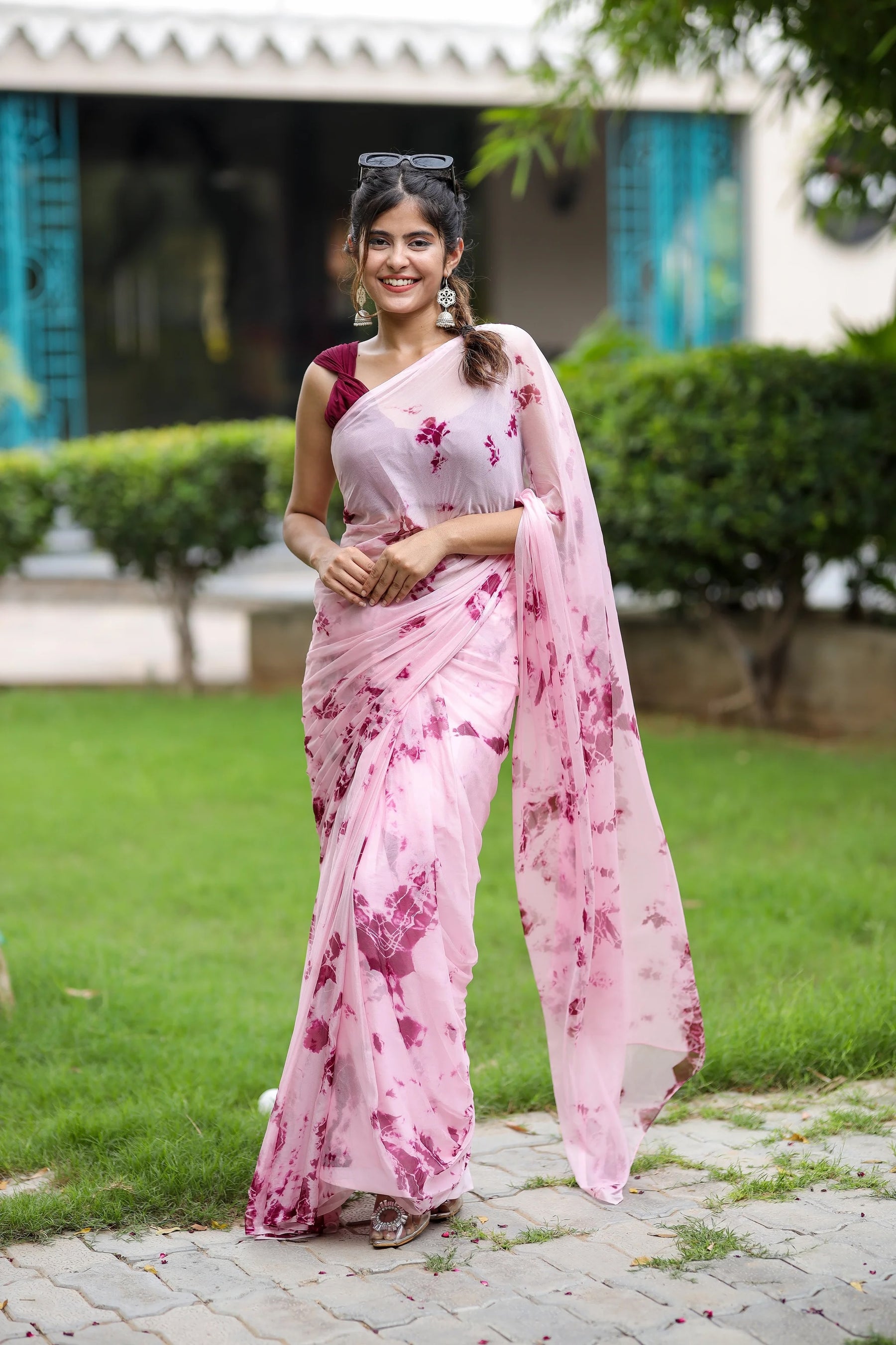 Traditional  Shibori Pink Chiffon Saree