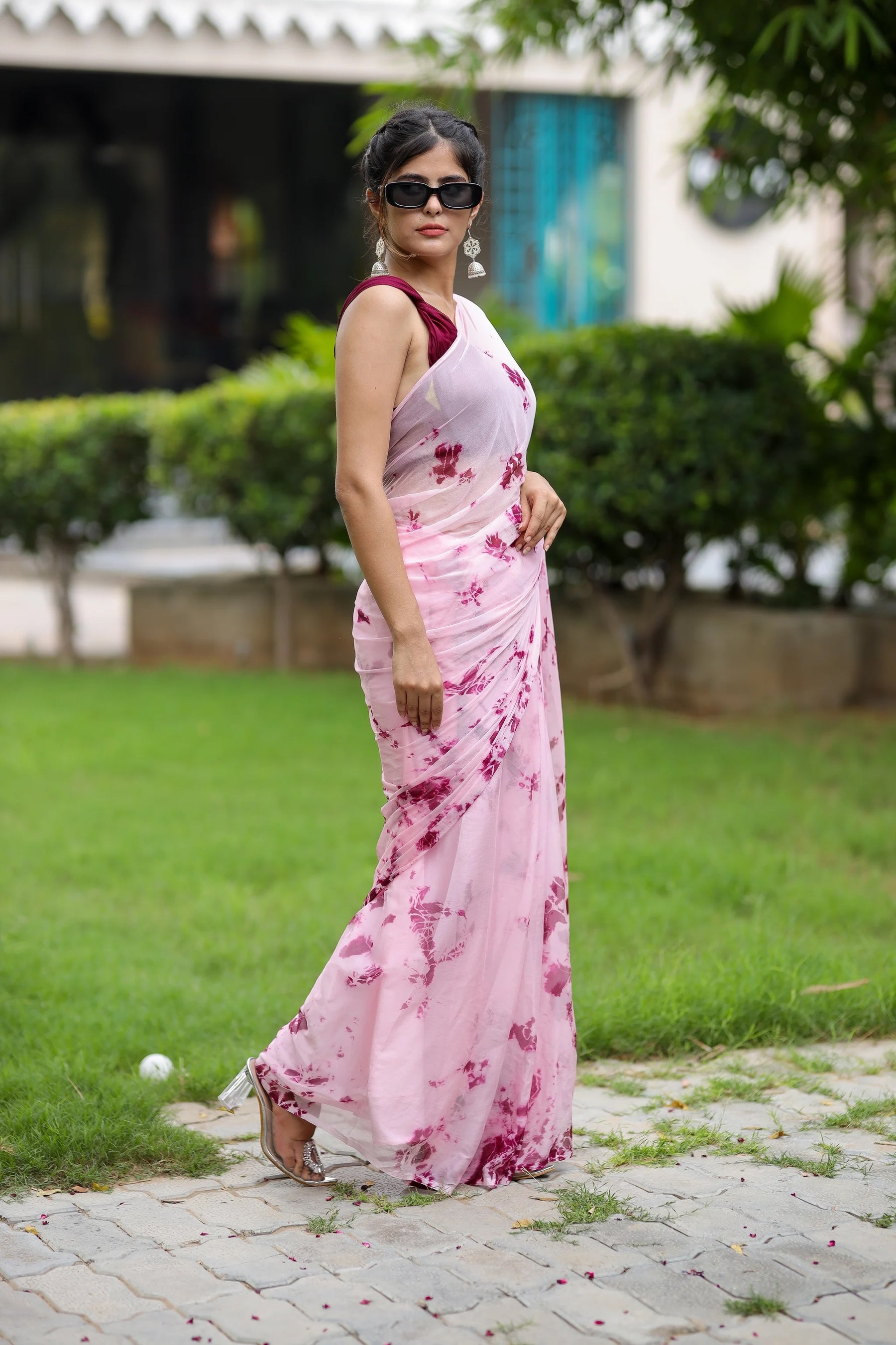 Traditional  Shibori Pink Chiffon Saree