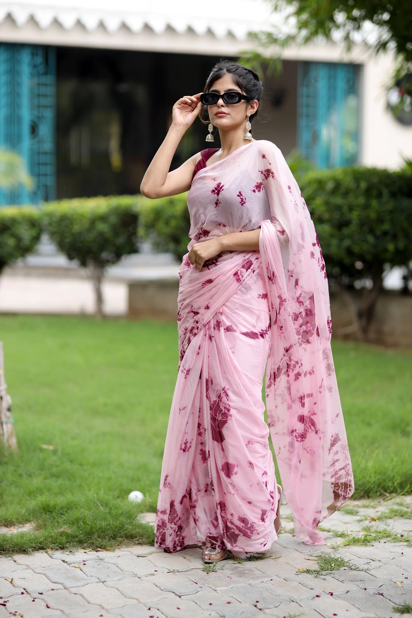 Traditional  Shibori Pink Chiffon Saree