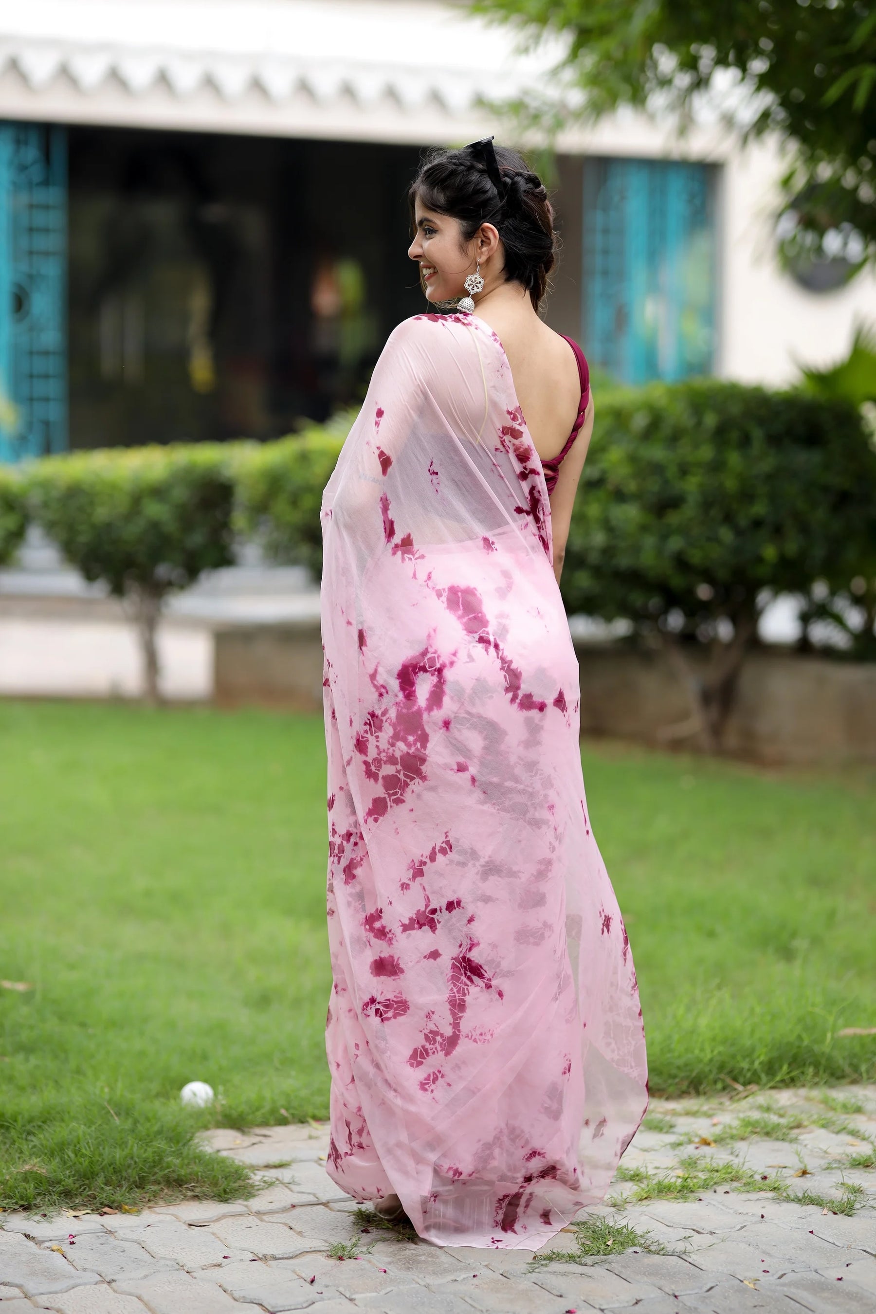 Traditional  Shibori Pink Chiffon Saree