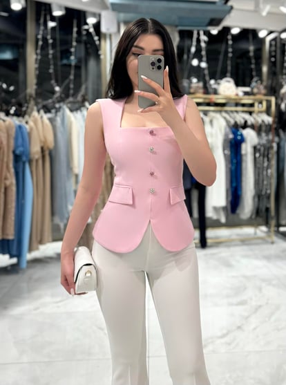 Lorana Candy Pink Beaded Square Collar Vest with Buttons