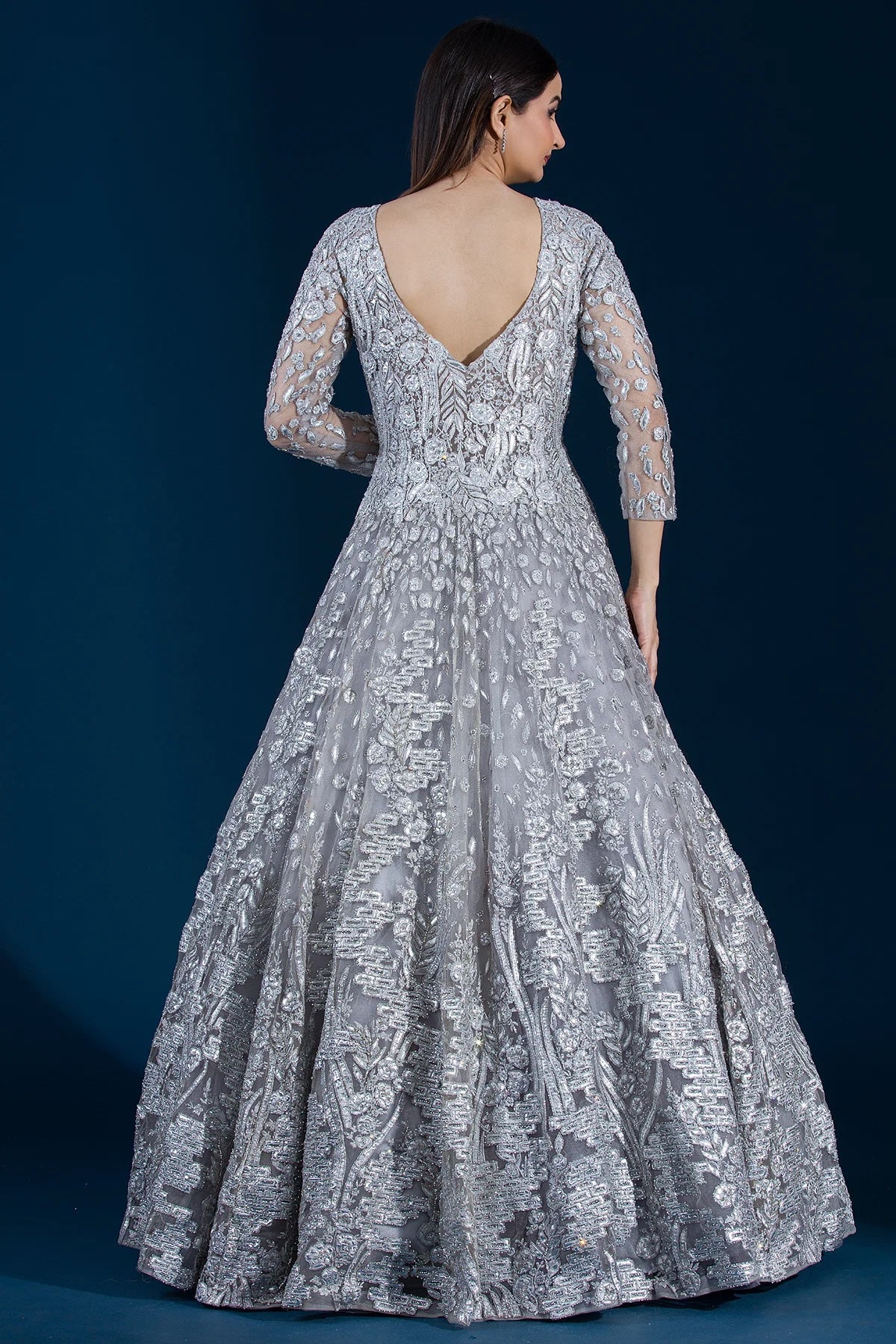 Arctic Ice Grey Bead Embroidered Net Bridal Gown for Your Wedding Day