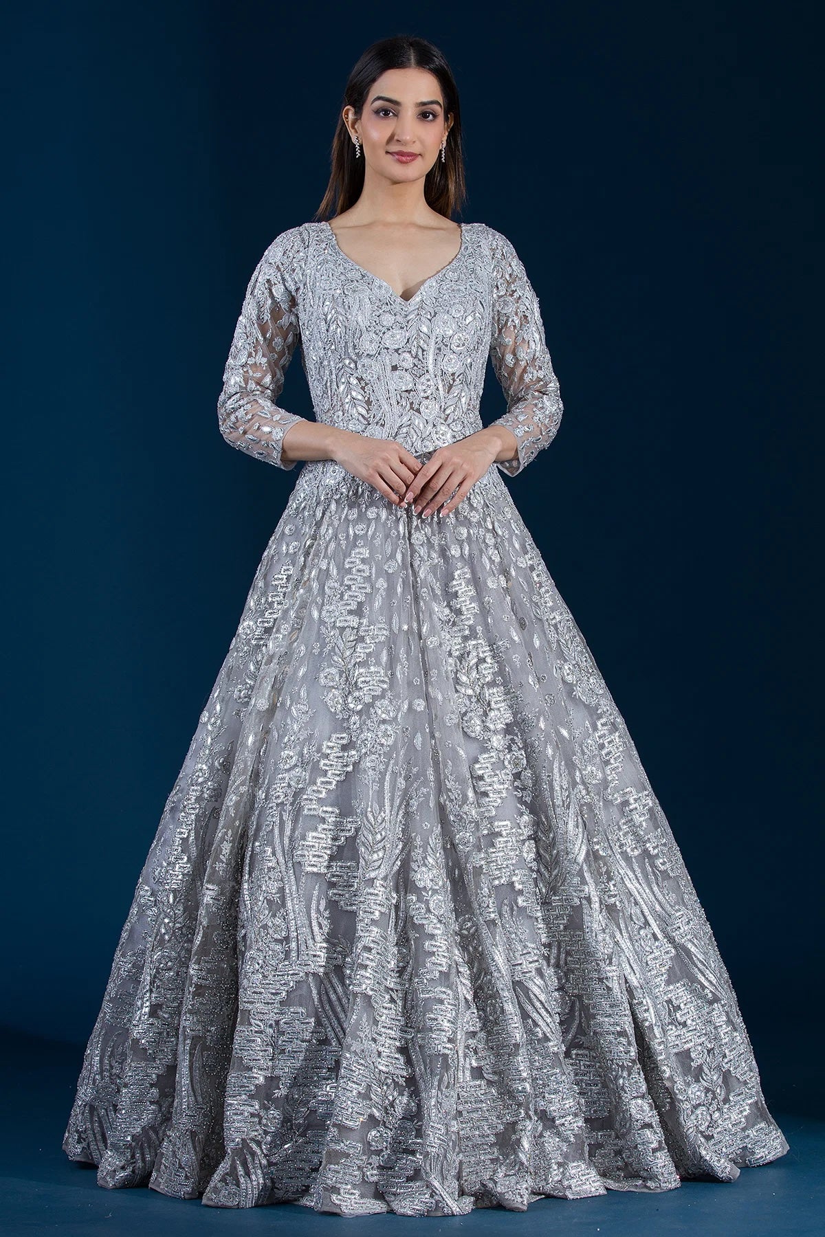 Arctic Ice Grey Bead Embroidered Net Bridal Gown for Your Wedding Day