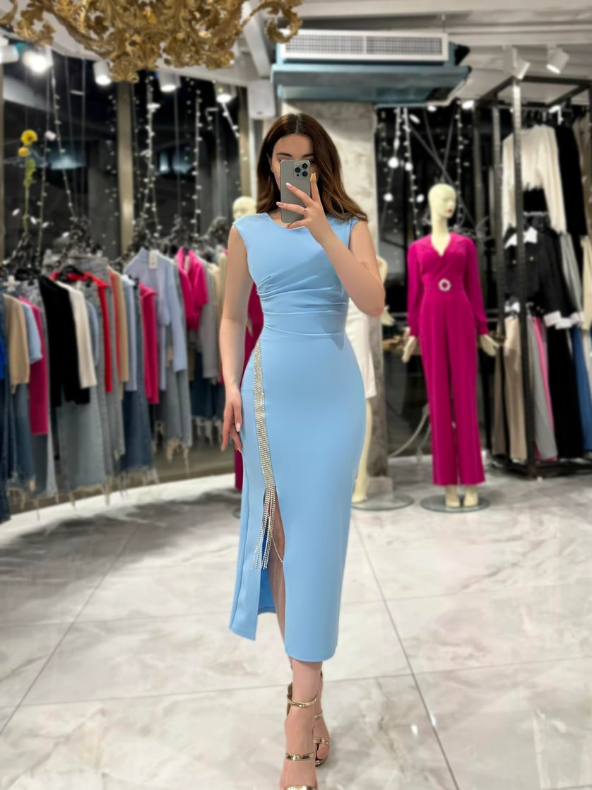 Neliya Baby Blue Front Slit Evening Dress with Stone Detailing