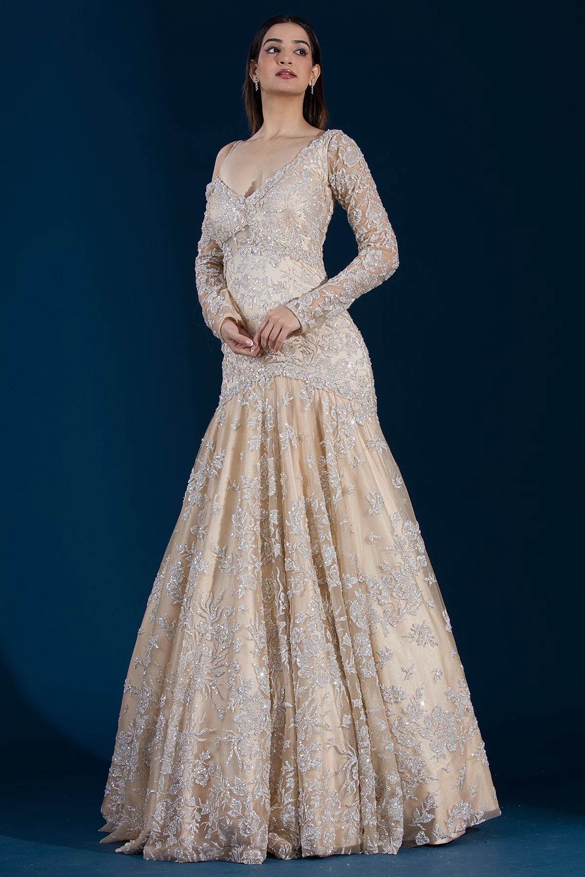 Butter Cream Beige Sequins Embroidered Net Bridal Gown