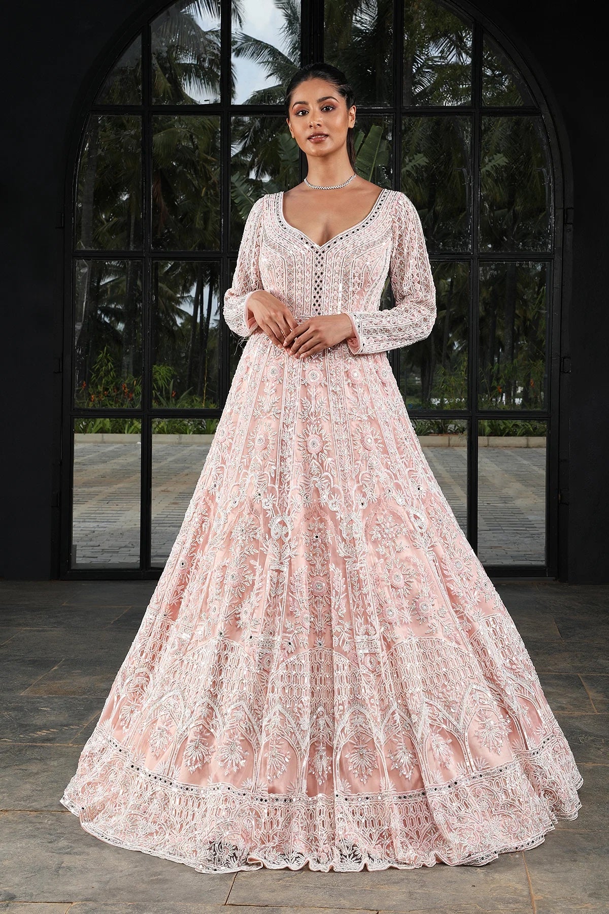 Light Peach Stone Embroidered Net Bridal Gown Rim Zim Fashion Light Peach Stone Embroidered Net Bridal Gown Rim Zim Fashion
