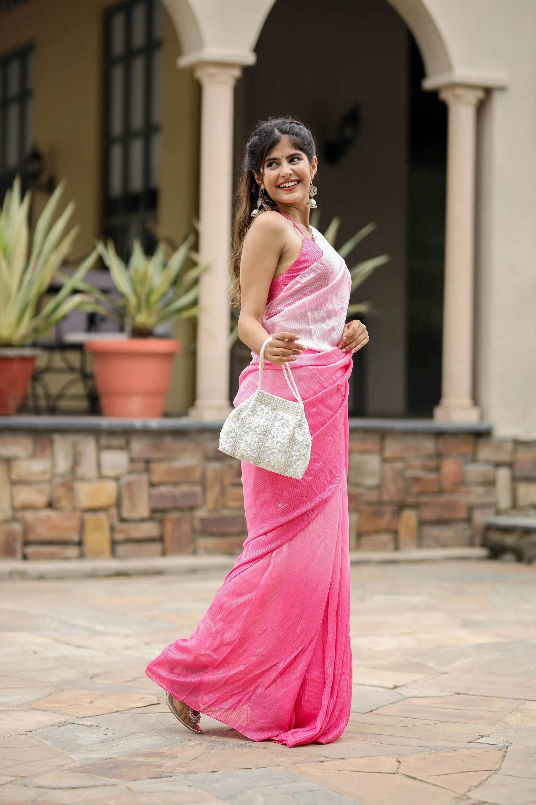 Pink Ombre Sequin Georgette Saree