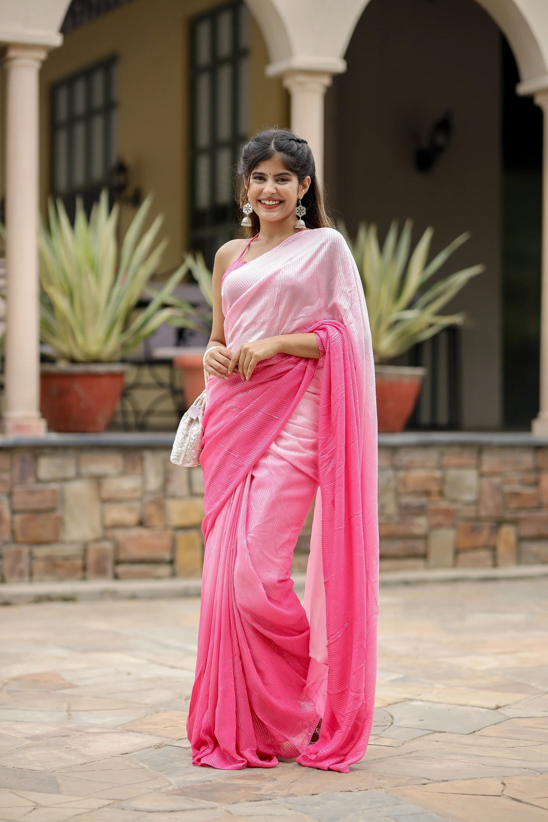 Pink Ombre Sequin Georgette Saree