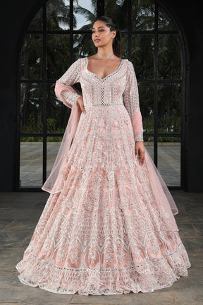 Light Peach Stone Embroidered Net Bridal Gown