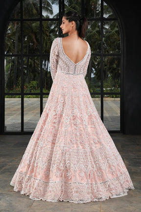 Light Peach Stone Embroidered Net Bridal Gown