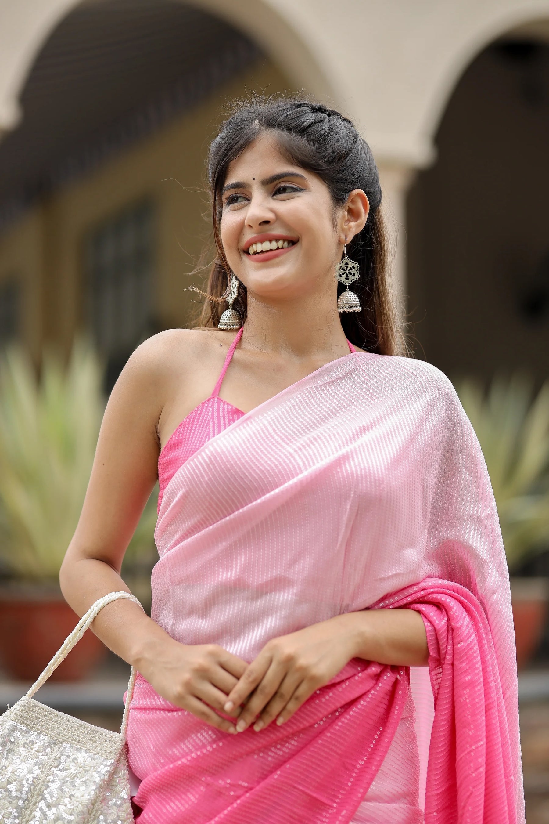 Pink Ombre Sequin Georgette Saree