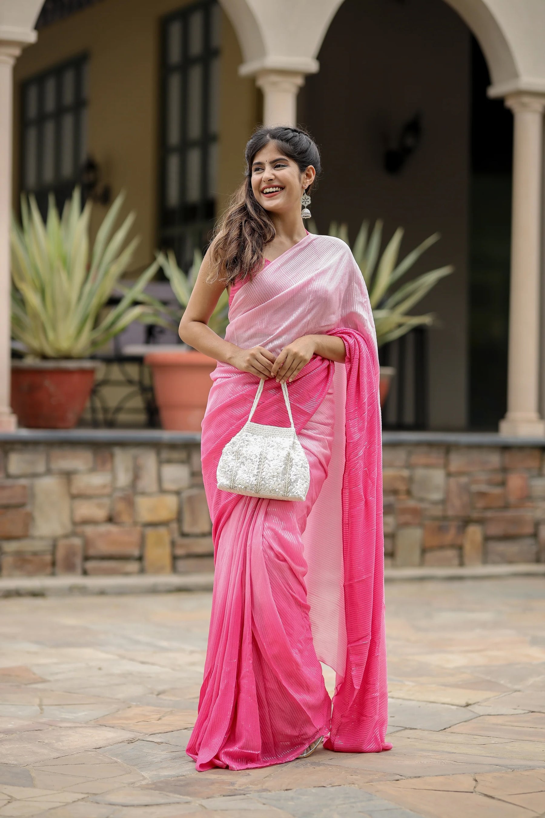 Pink Ombre Sequin Georgette Saree