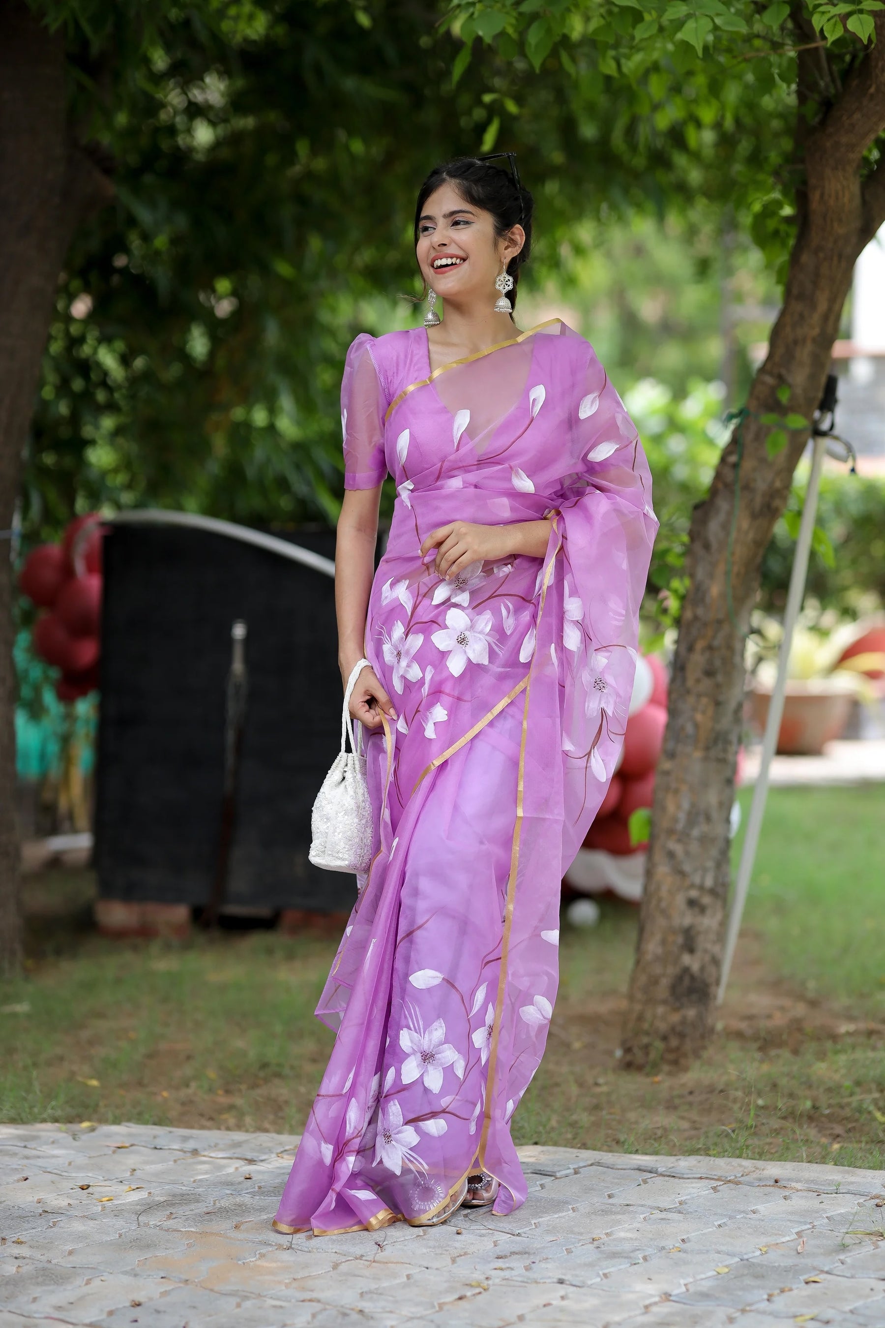 Hand-Painted Purple Organza Saree