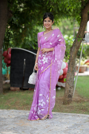 Hand-Painted Purple Organza Saree