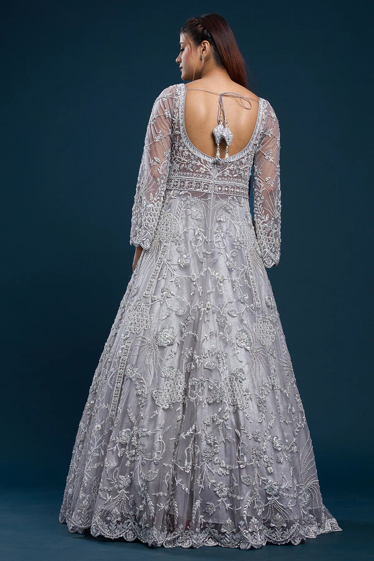 Lavender Grey Sequins Embroidered Net Bridal Gown