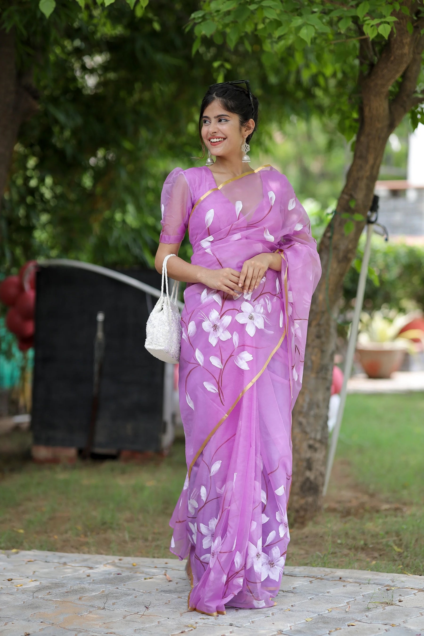 Hand-Painted Purple Organza Saree