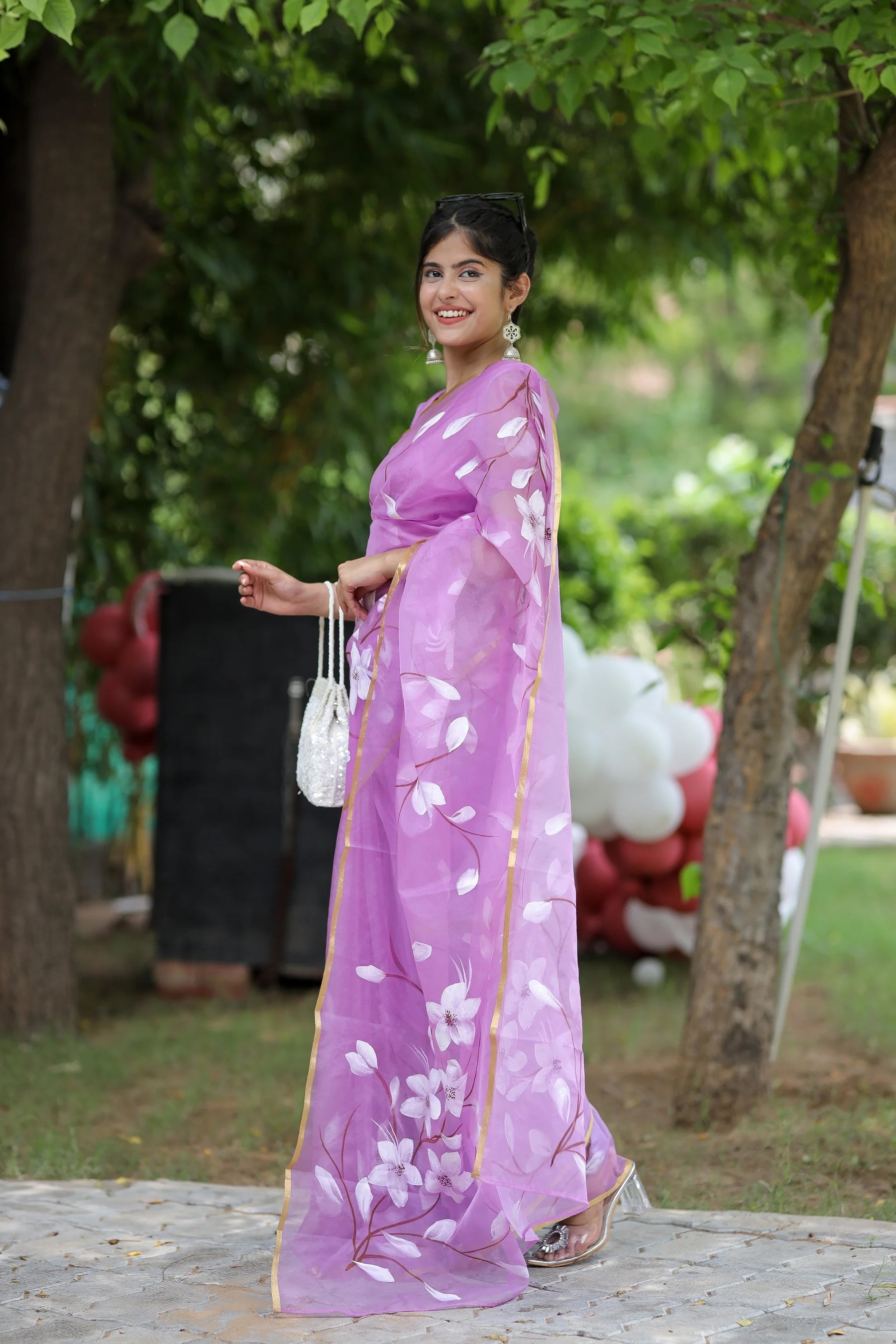 Hand-Painted Purple Organza Saree