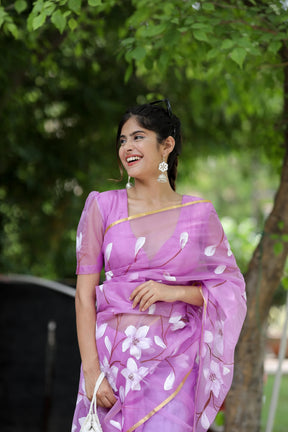 Hand-Painted Purple Organza Saree