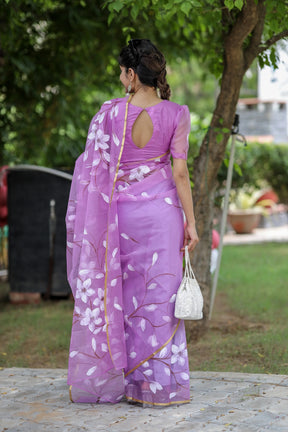 Hand-Painted Purple Organza Saree