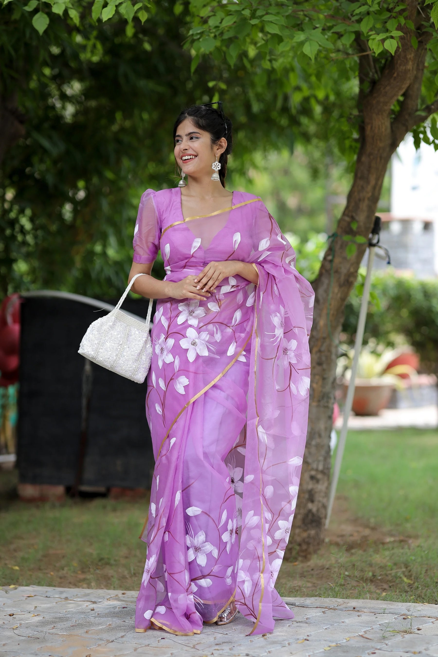 Hand-Painted Purple Organza Saree