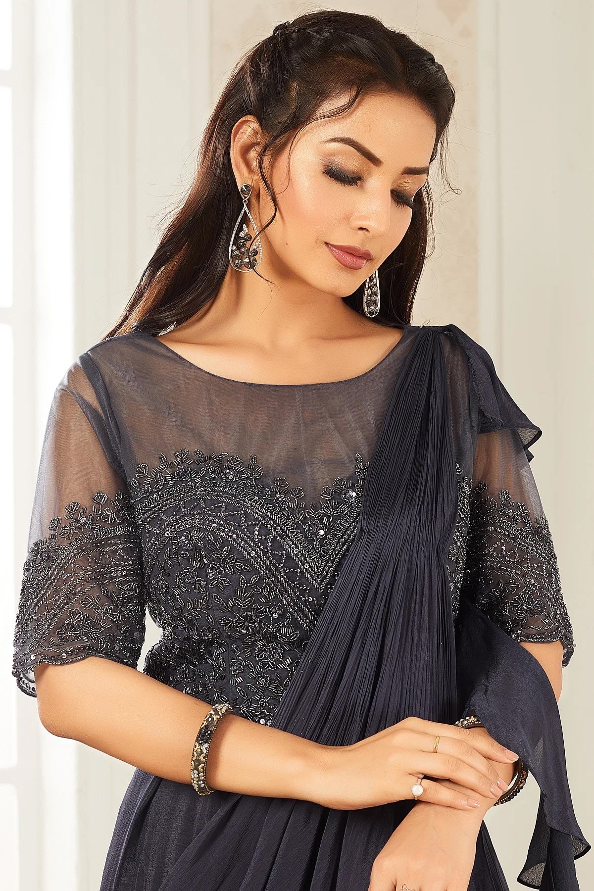 Grey Crepe Indo-Western Gown with Cutdana Work and Ruffled Dupatta