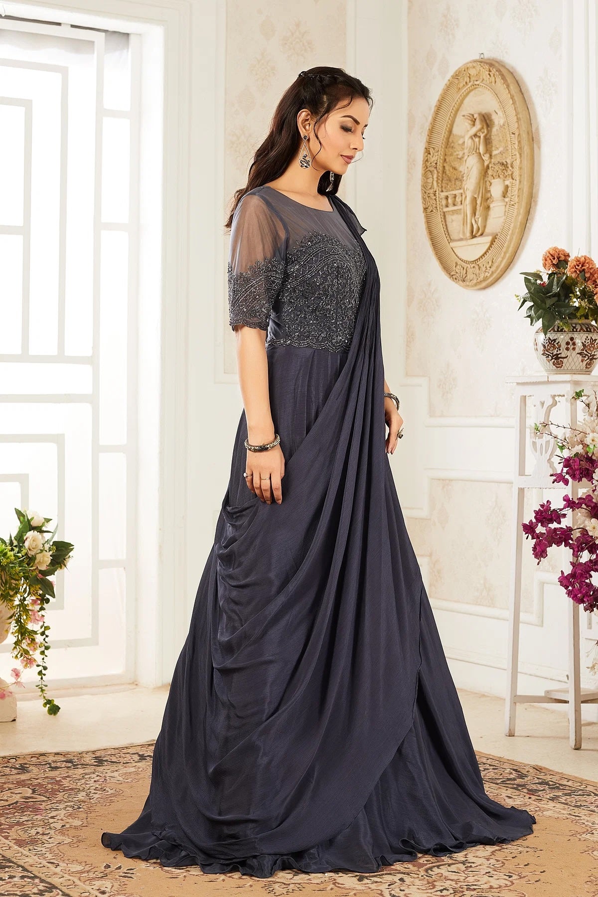 Grey Crepe Indo-Western Gown with Cutdana Work and Ruffled Dupatta