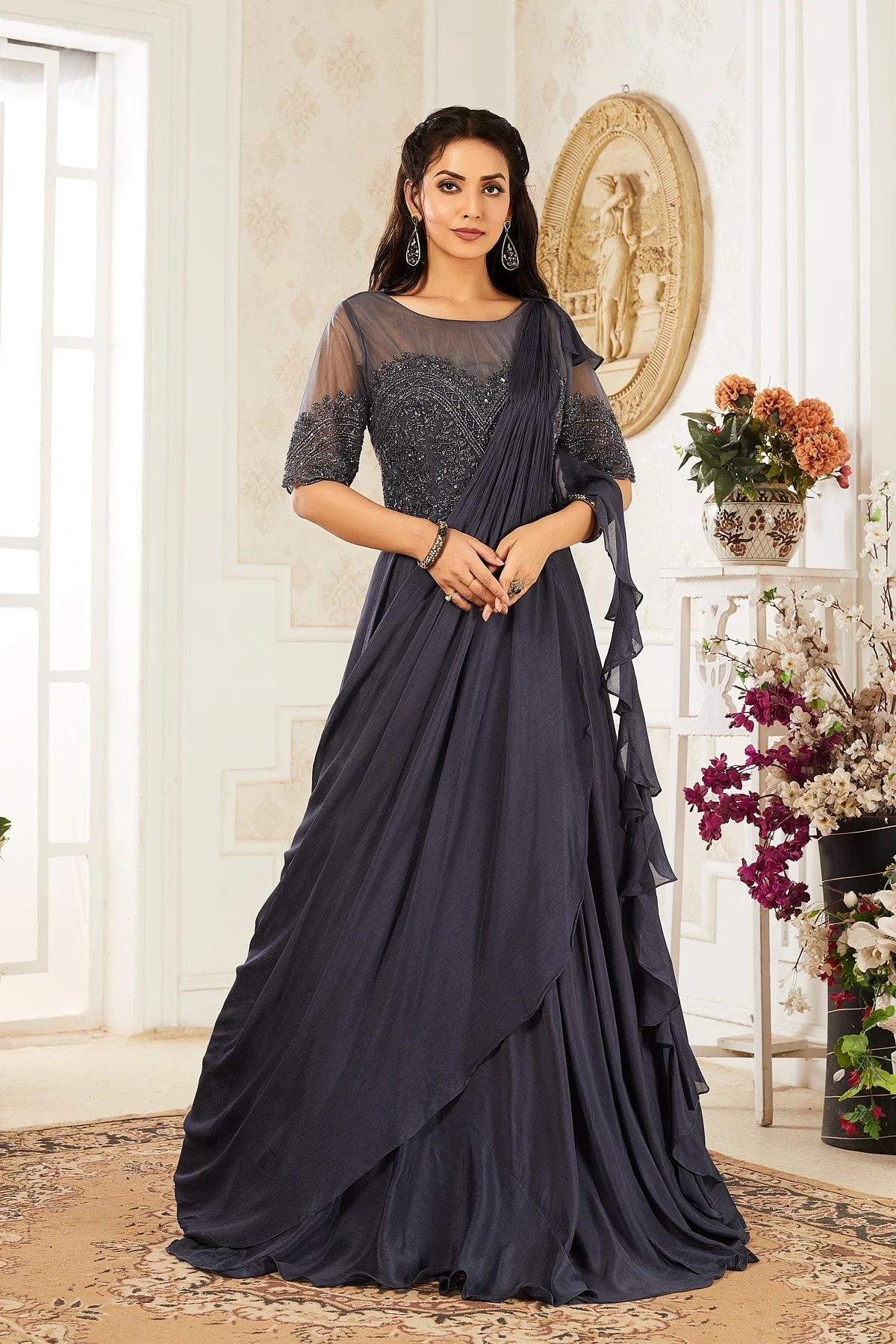 Grey Crepe Indo-Western Gown with Cutdana Work and Ruffled Dupatta