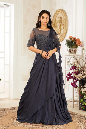 Grey Crepe Indo-Western Gown with Cutdana Work and Ruffled Dupatta