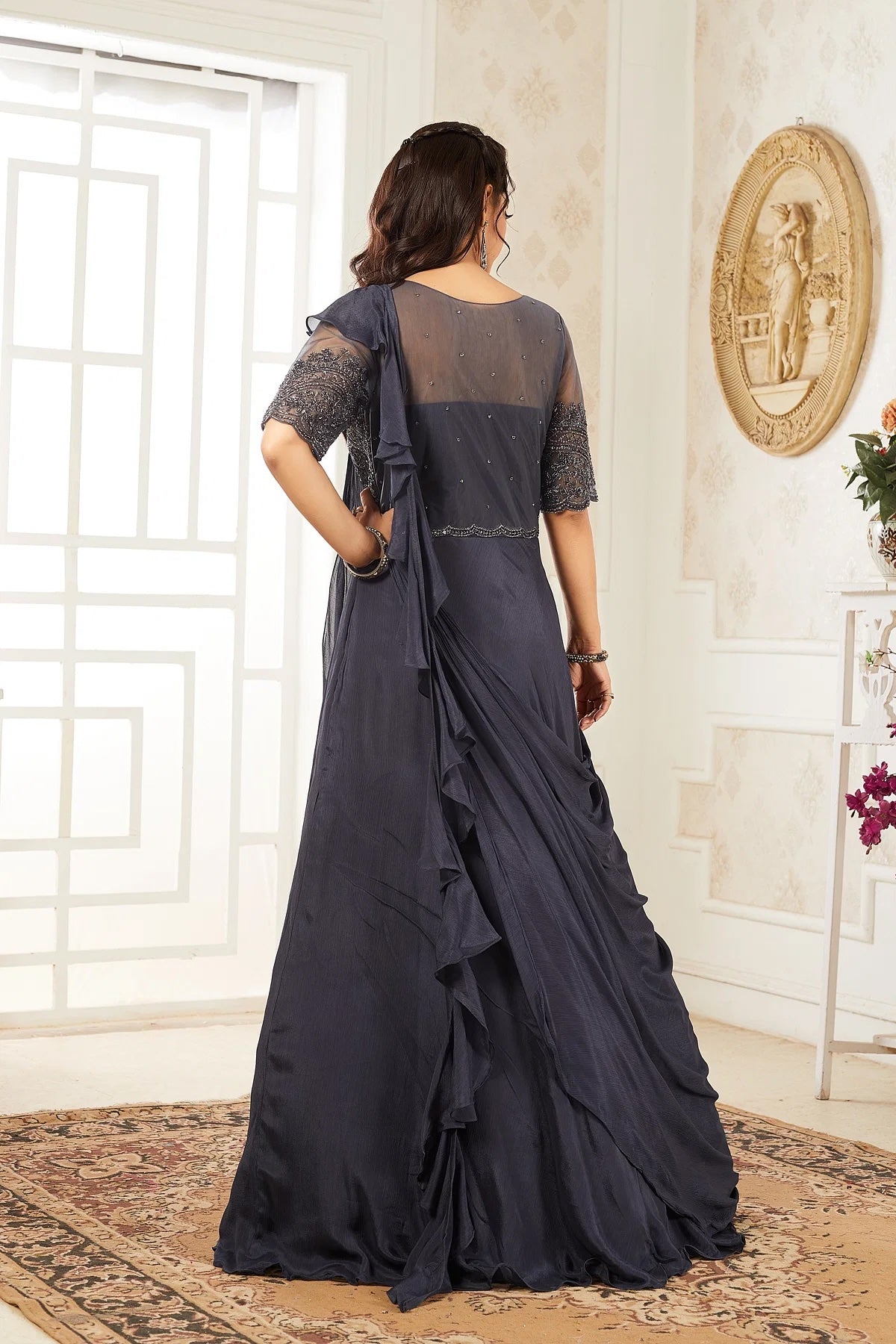 Grey Crepe Indo-Western Gown with Cutdana Work and Ruffled Dupatta