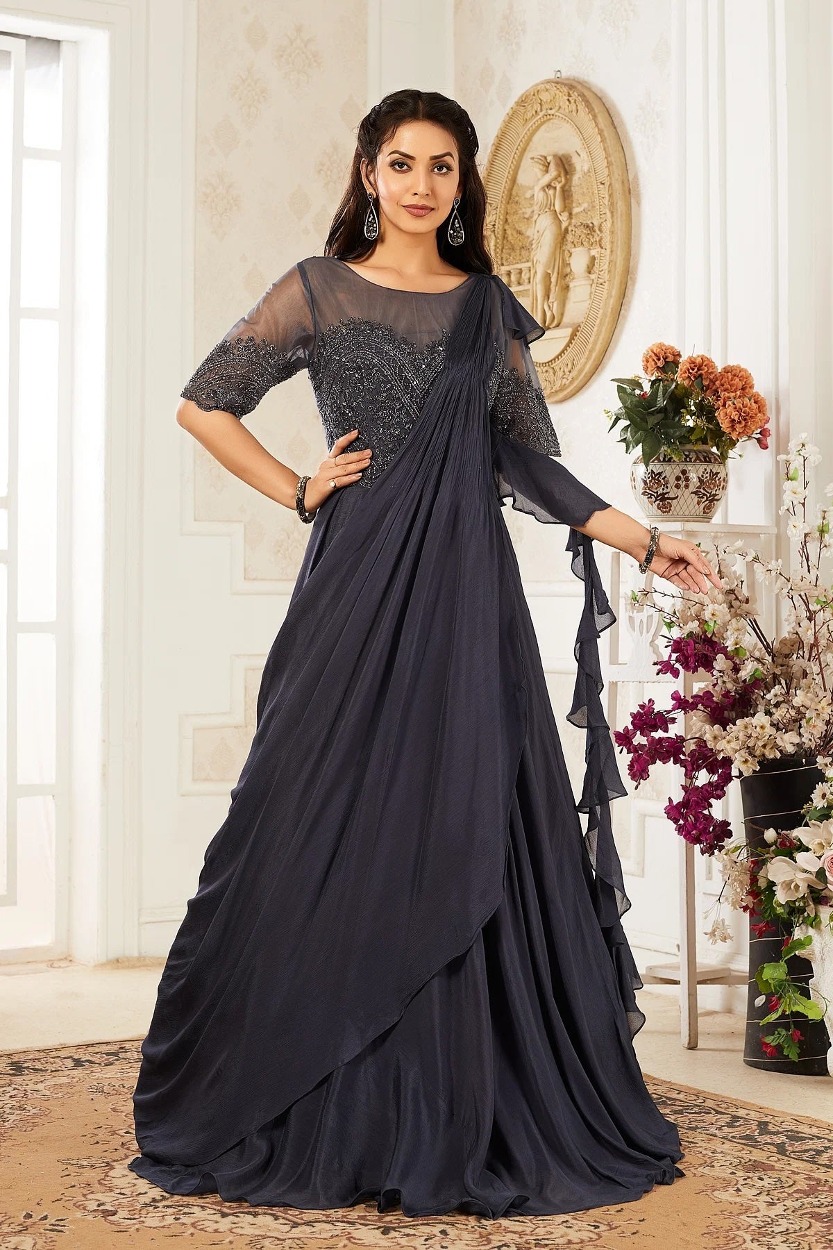 Grey Crepe Indo-Western Gown with Cutdana Work and Ruffled Dupatta