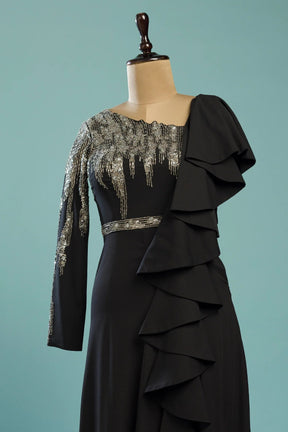 Black Crepe Foil Work Evening Gown with Ruffled Sleeves for Night Events