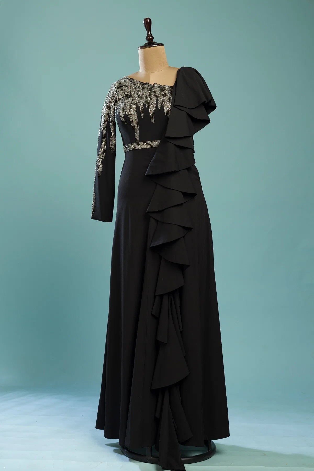 Black Crepe Foil Work Evening Gown with Ruffled Sleeves for Night Events