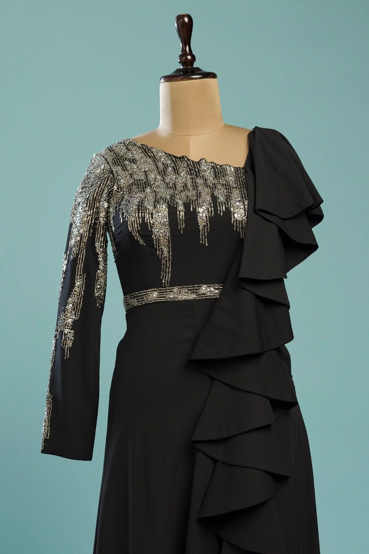 Black Crepe Foil Work Evening Gown with Ruffled Sleeves for Night Events